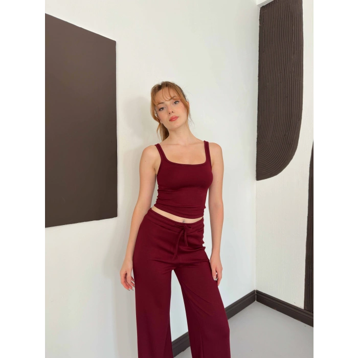 İp Askılı Yumaşak Dokulu Basic Atlet-Pantolon Takım Bordo