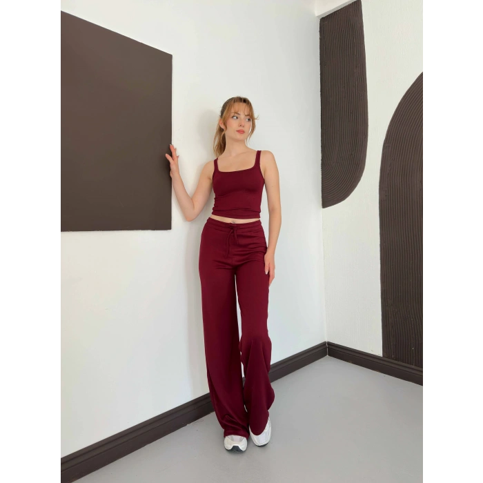 İp Askılı Yumaşak Dokulu Basic Atlet-Pantolon Takım Bordo