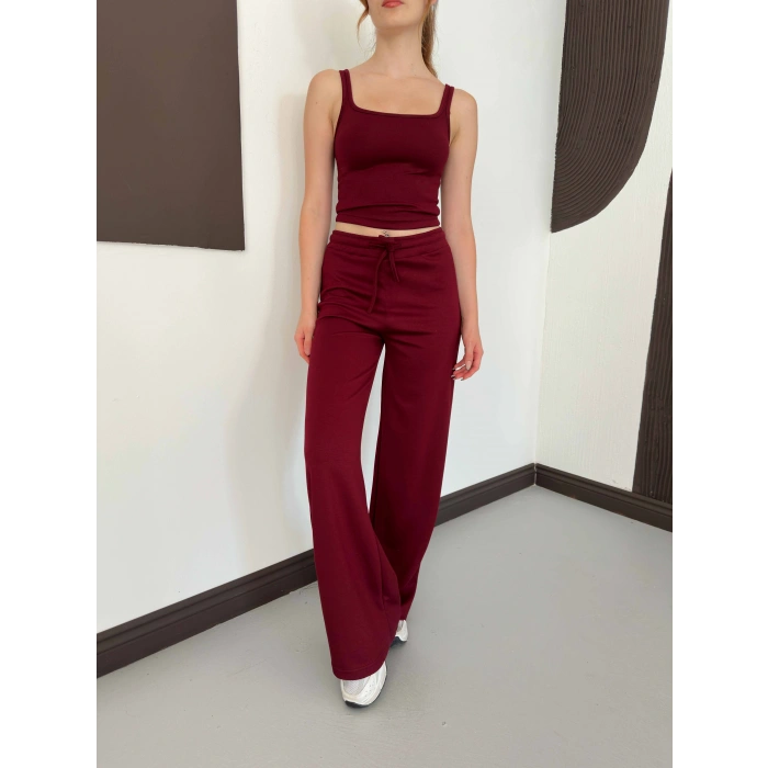 İp Askılı Yumaşak Dokulu Basic Atlet-Pantolon Takım Bordo