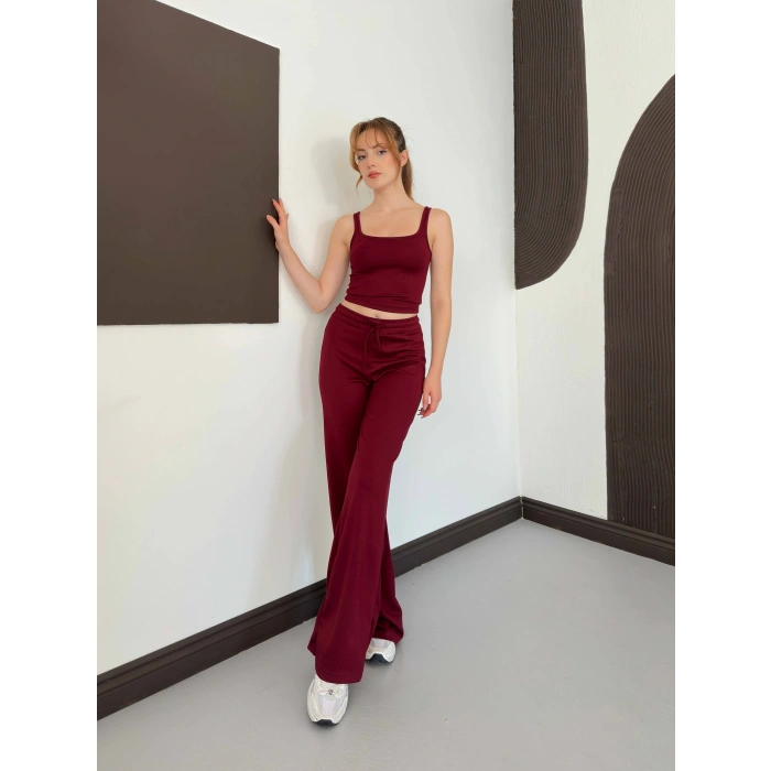 İp Askılı Yumaşak Dokulu Basic Atlet-Pantolon Takım Bordo