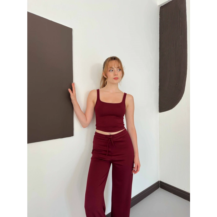 İp Askılı Yumaşak Dokulu Basic Atlet-Pantolon Takım Bordo