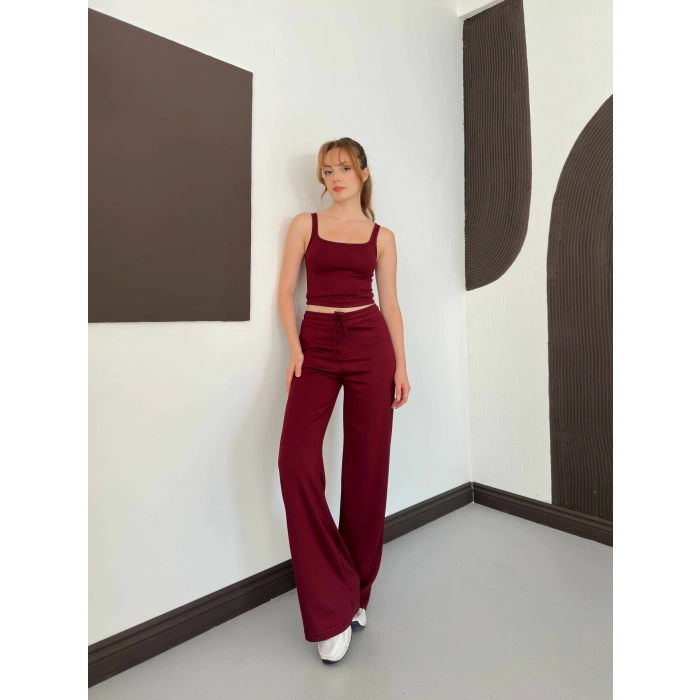 İp Askılı Yumaşak Dokulu Basic Atlet-Pantolon Takım Bordo
