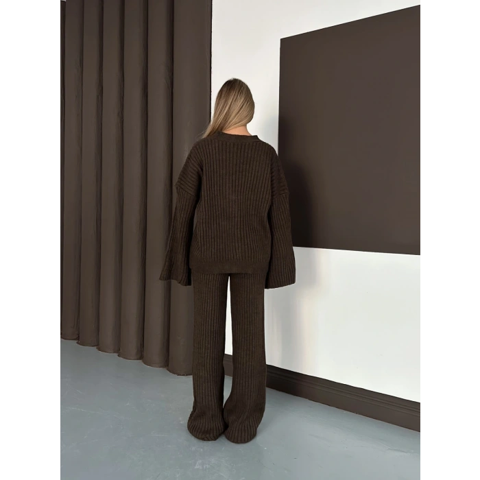 İspanyol Kol Düğme Detaylı Hırkalı Takım Acı Kahve