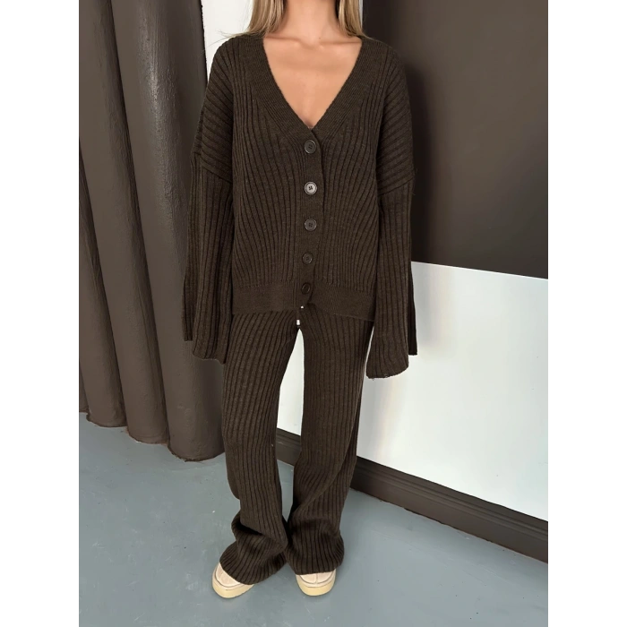 İspanyol Kol Düğme Detaylı Hırkalı Takım Acı Kahve