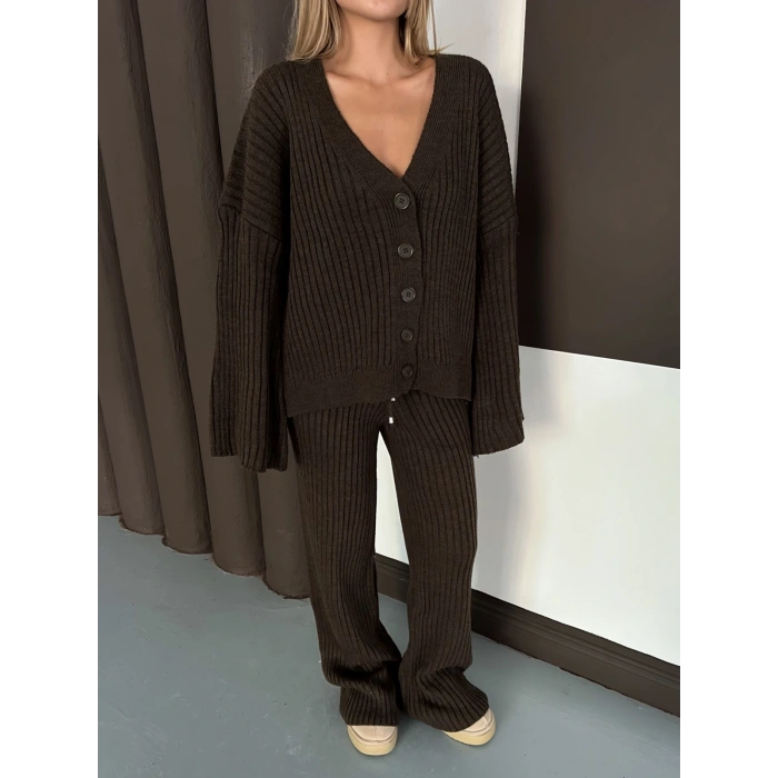İspanyol Kol Düğme Detaylı Hırkalı Takım Acı Kahve