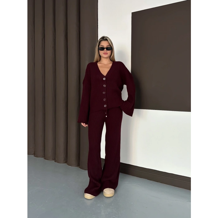 İspanyol Kol Düğme Detaylı Hırkalı Takım Bordo