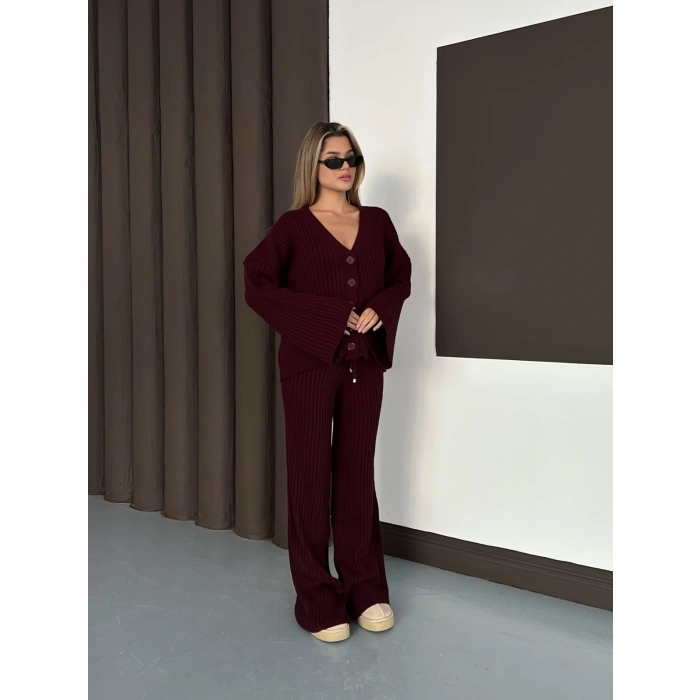 İspanyol Kol Düğme Detaylı Hırkalı Takım Bordo