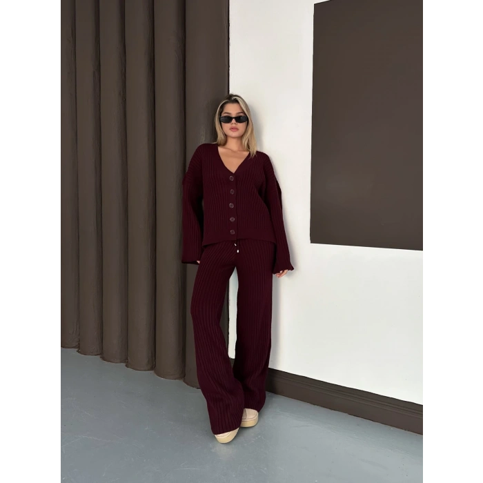 İspanyol Kol Düğme Detaylı Hırkalı Takım Bordo