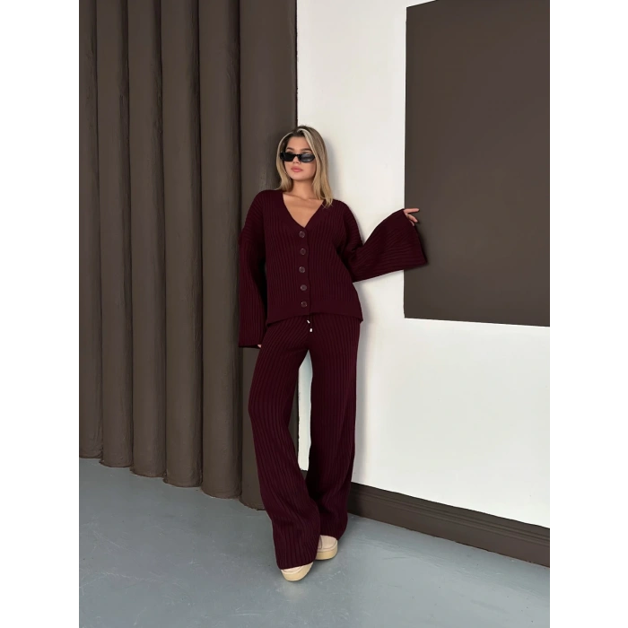 İspanyol Kol Düğme Detaylı Hırkalı Takım Bordo