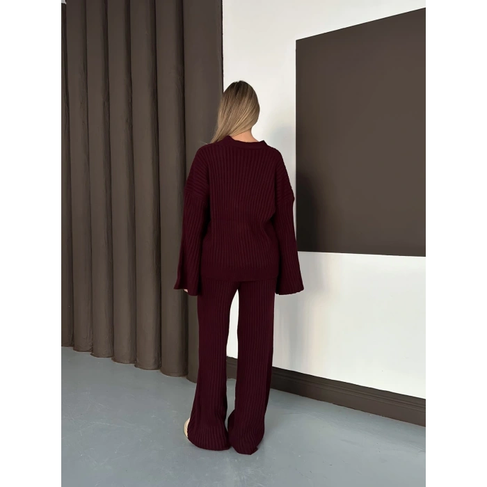 İspanyol Kol Düğme Detaylı Hırkalı Takım Bordo