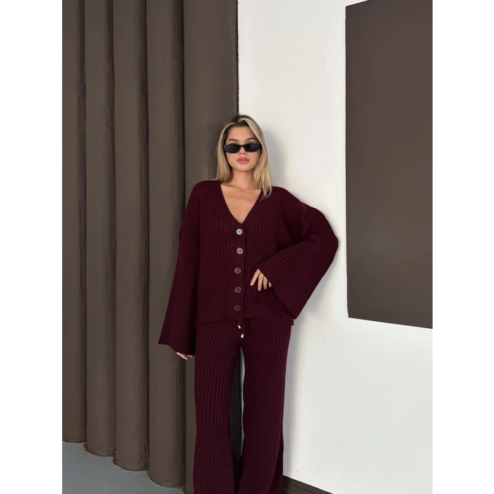 İspanyol Kol Düğme Detaylı Hırkalı Takım Bordo