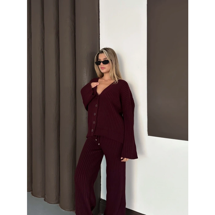 İspanyol Kol Düğme Detaylı Hırkalı Takım Bordo
