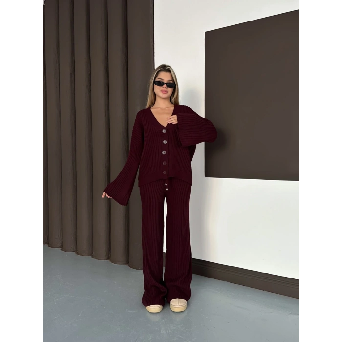 İspanyol Kol Düğme Detaylı Hırkalı Takım Bordo