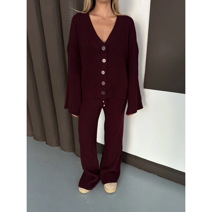 İspanyol Kol Düğme Detaylı Hırkalı Takım Bordo
