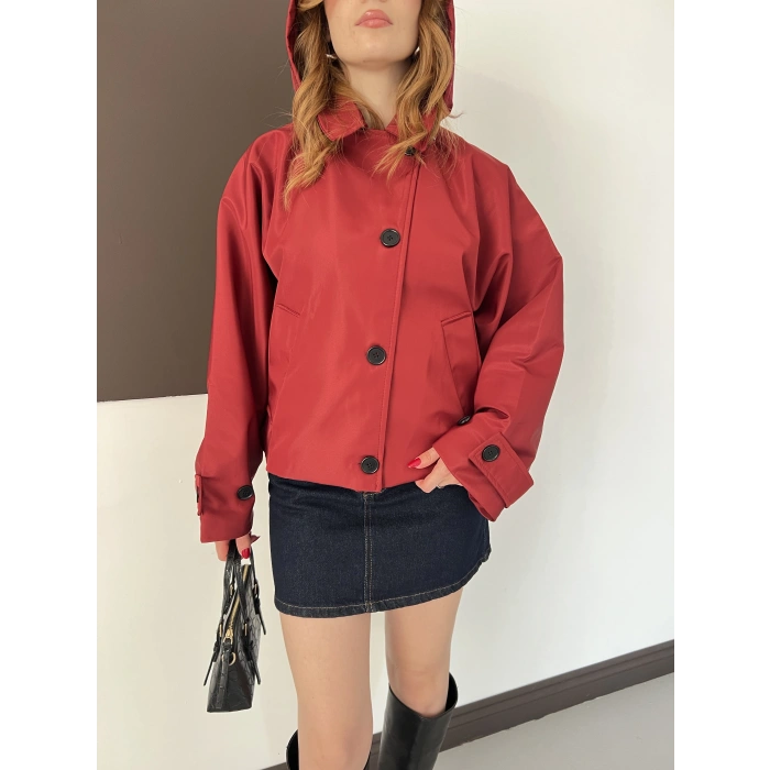 Kapüşon Detaylı Apoletli Kısa Trenc Ceket Bordo