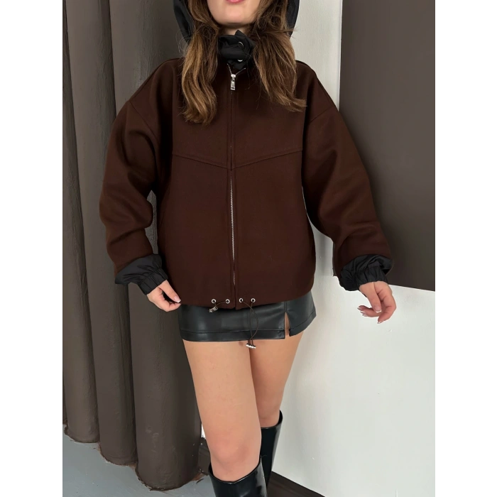 Kapüşon Detaylı Kaşe Ceket Acı Kahve