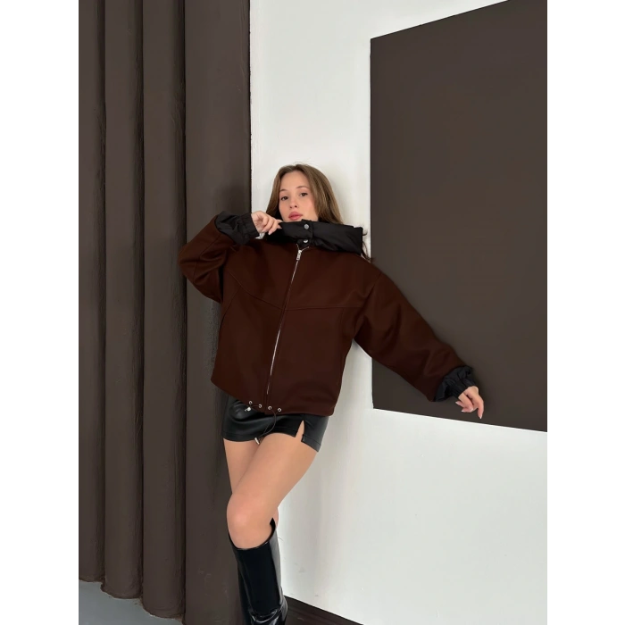 Kapüşon Detaylı Kaşe Ceket Acı Kahve