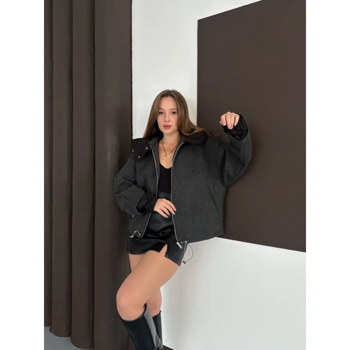 Kapüşon Detaylı Kaşe Ceket Antrasit