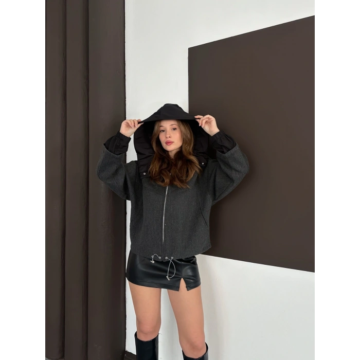 Kapüşon Detaylı Kaşe Ceket Antrasit