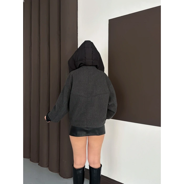 Kapüşon Detaylı Kaşe Ceket Antrasit