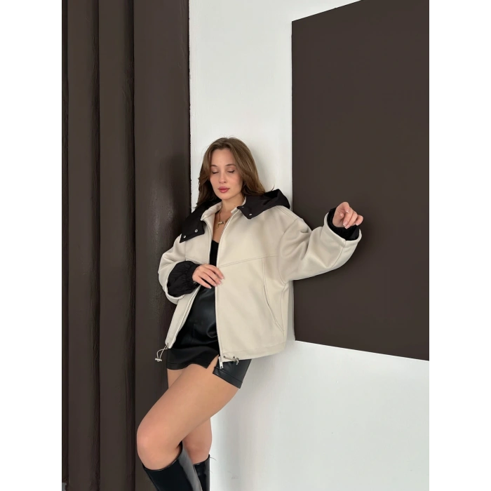 Kapüşon Detaylı Kaşe Ceket Bej