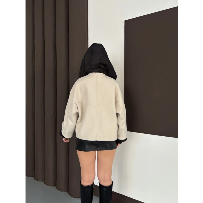 Kapüşon Detaylı Kaşe Ceket Bej