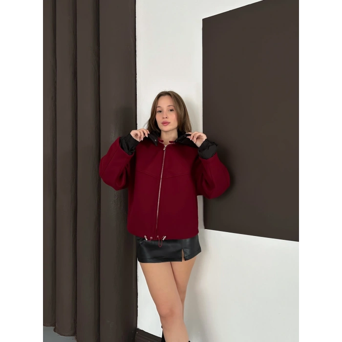 Kapüşon Detaylı Kaşe Ceket Bordo