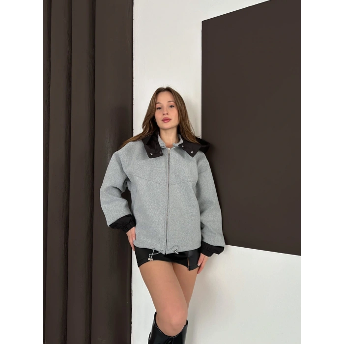 Kapüşon Detaylı Kaşe Ceket Gri