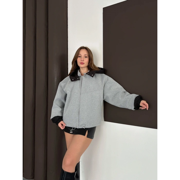 Kapüşon Detaylı Kaşe Ceket Gri