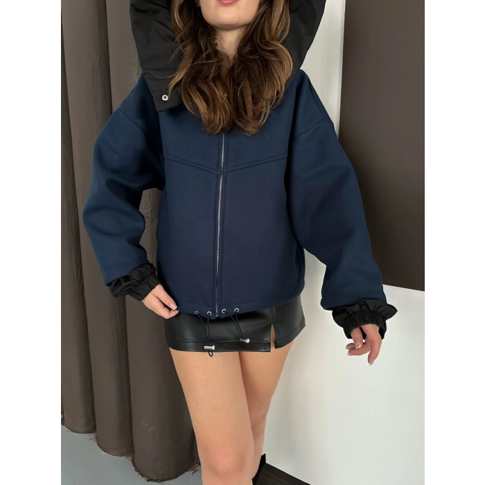 Kapüşon Detaylı Kaşe Ceket Lacivert