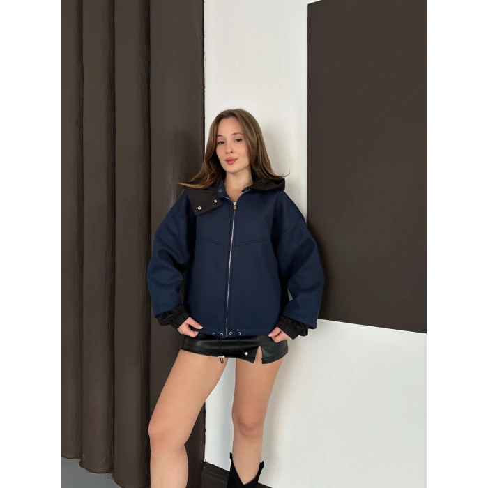 Kapüşon Detaylı Kaşe Ceket Lacivert