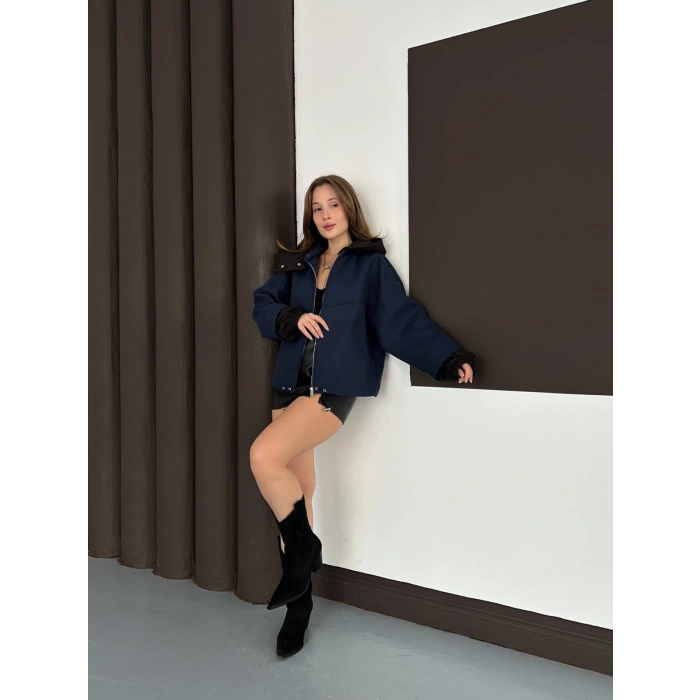 Kapüşon Detaylı Kaşe Ceket Lacivert