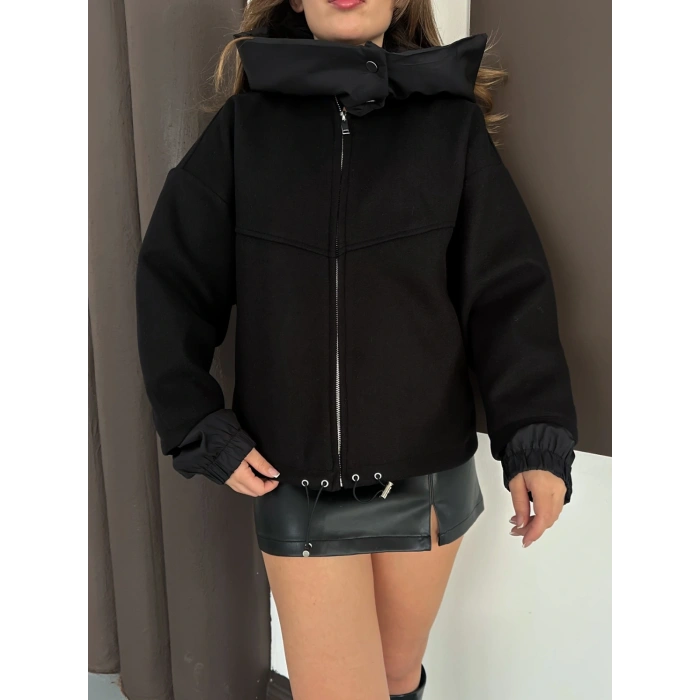 Kapüşon Detaylı Kaşe Ceket Siyah