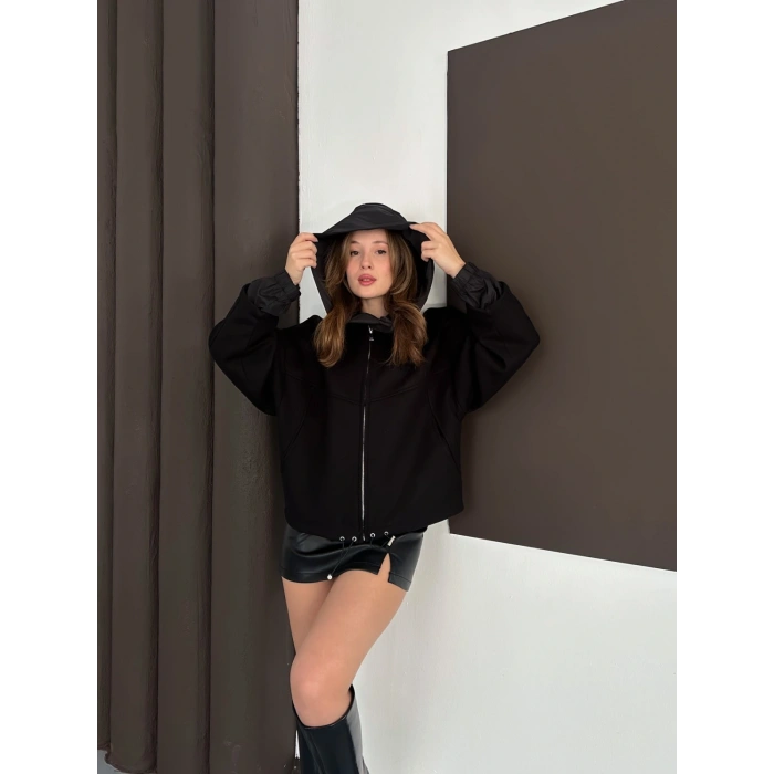 Kapüşon Detaylı Kaşe Ceket Siyah