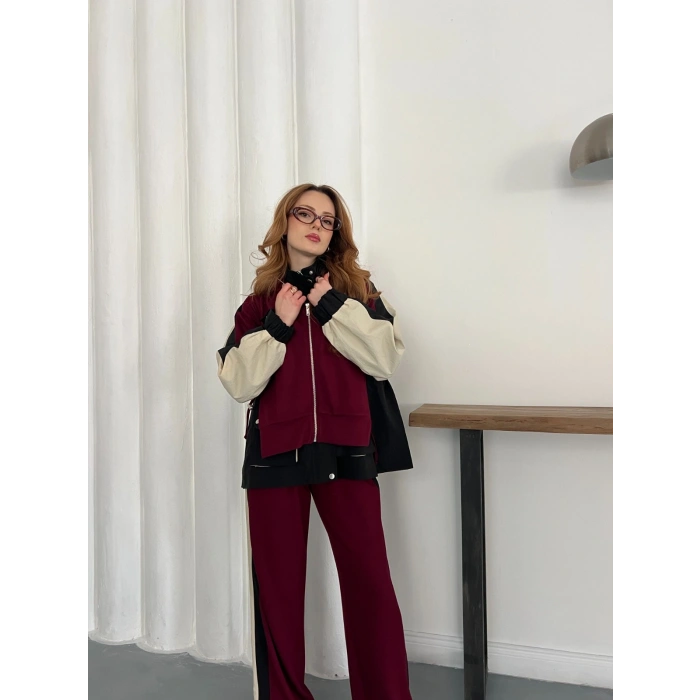 Kapüşon Garnili Paraşüt Cep Detaylı Takım Bordo