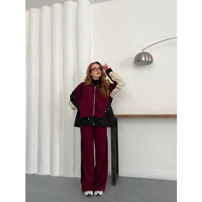 Kapüşon Garnili Paraşüt Cep Detaylı Takım Bordo