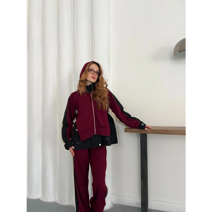 Kapüşon Garnili Paraşüt Cep Detaylı Takım Bordo