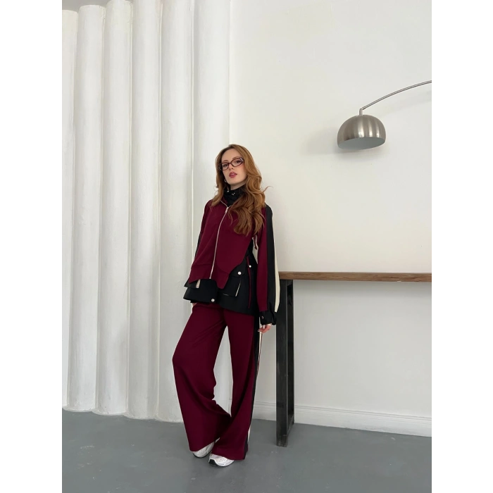 Kapüşon Garnili Paraşüt Cep Detaylı Takım Bordo