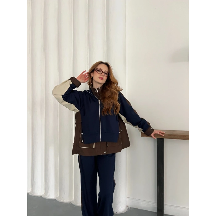 Kapüşon Garnili Paraşüt Cep Detaylı Takım Lacivert