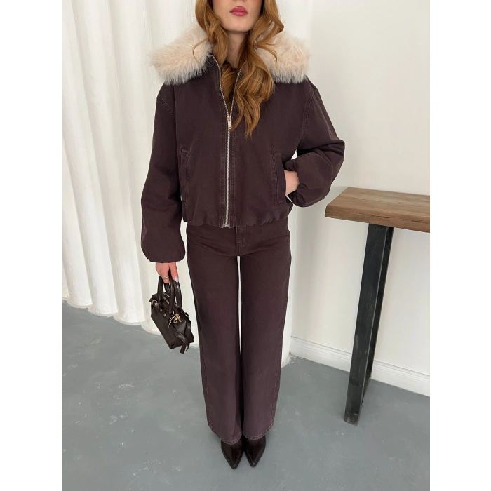 Kapüşon Kürk Detaylı Denim Takım Acı Kahve