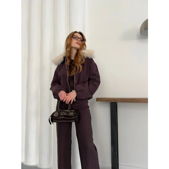 Kapüşon Kürk Detaylı Denim Takım Acı Kahve