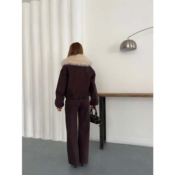 Kapüşon Kürk Detaylı Denim Takım Acı Kahve