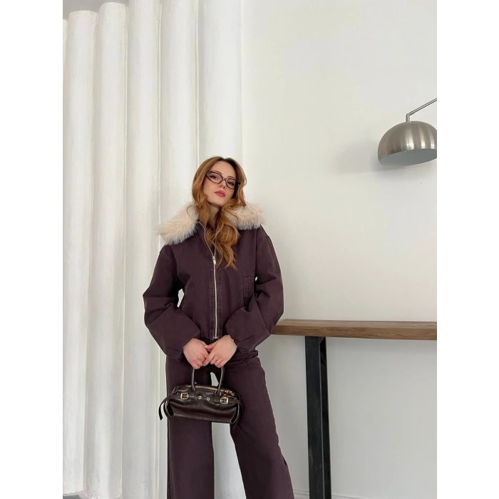 Kapüşon Kürk Detaylı Denim Takım Acı Kahve