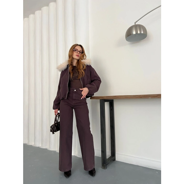 Kapüşon Kürk Detaylı Denim Takım Acı Kahve