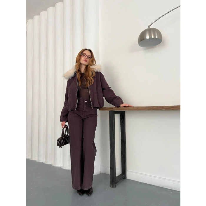 Kapüşon Kürk Detaylı Denim Takım Acı Kahve