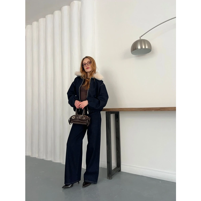 Kapüşon Kürk Detaylı Denim Takım Lacivert