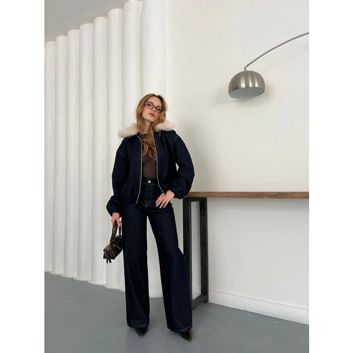 Kapüşon Kürk Detaylı Denim Takım Lacivert