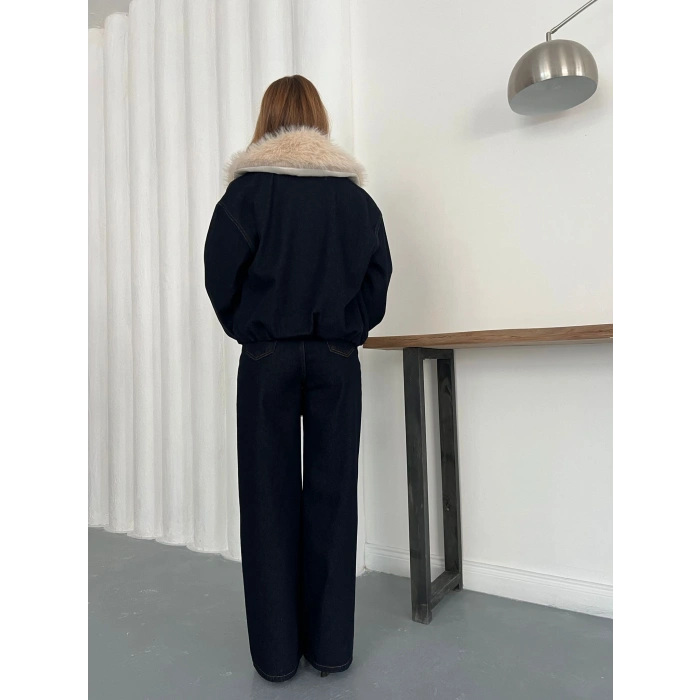 Kapüşon Kürk Detaylı Denim Takım Lacivert