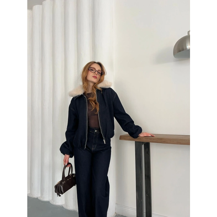 Kapüşon Kürk Detaylı Denim Takım Lacivert