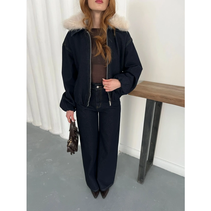 Kapüşon Kürk Detaylı Denim Takım Lacivert